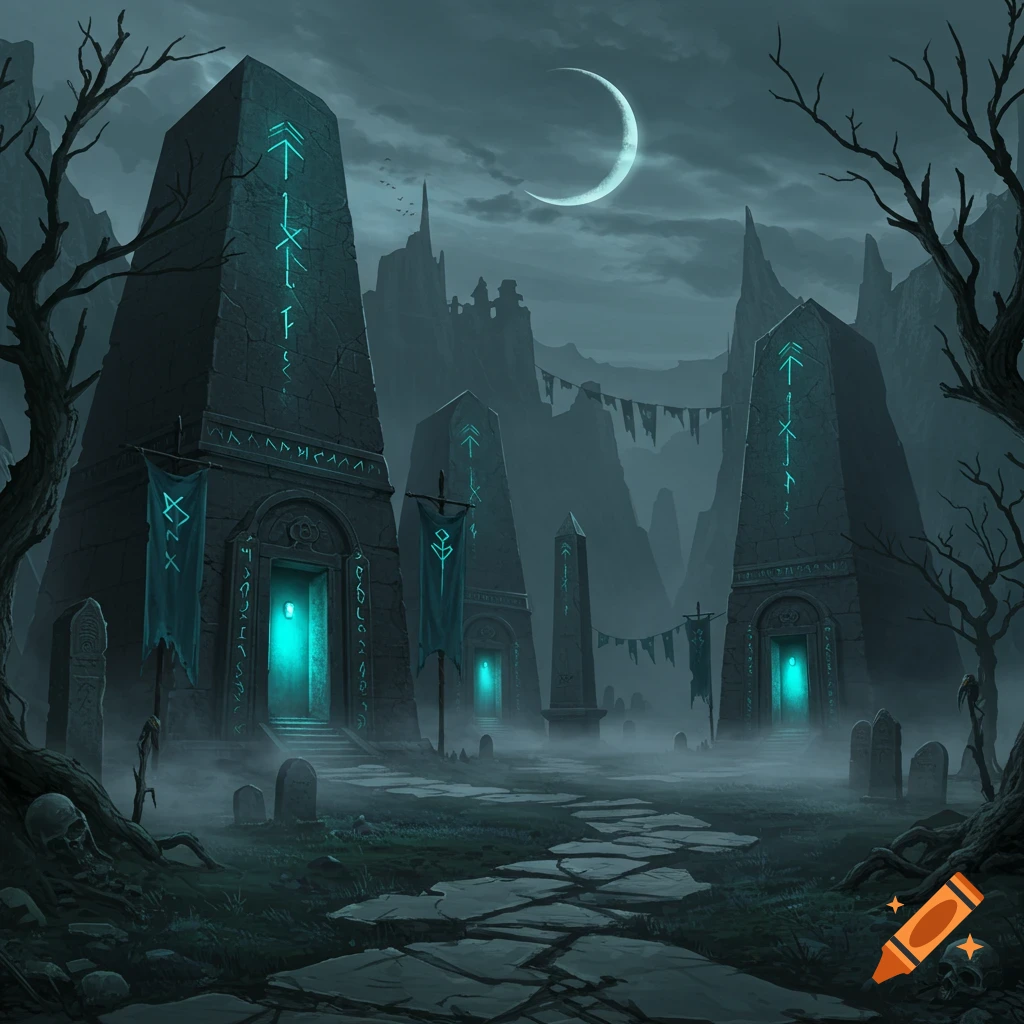 A dark, misty fantasy necropolis at night, featuring tall obelisks with glowing runes, gravestones, and a crescent moon.