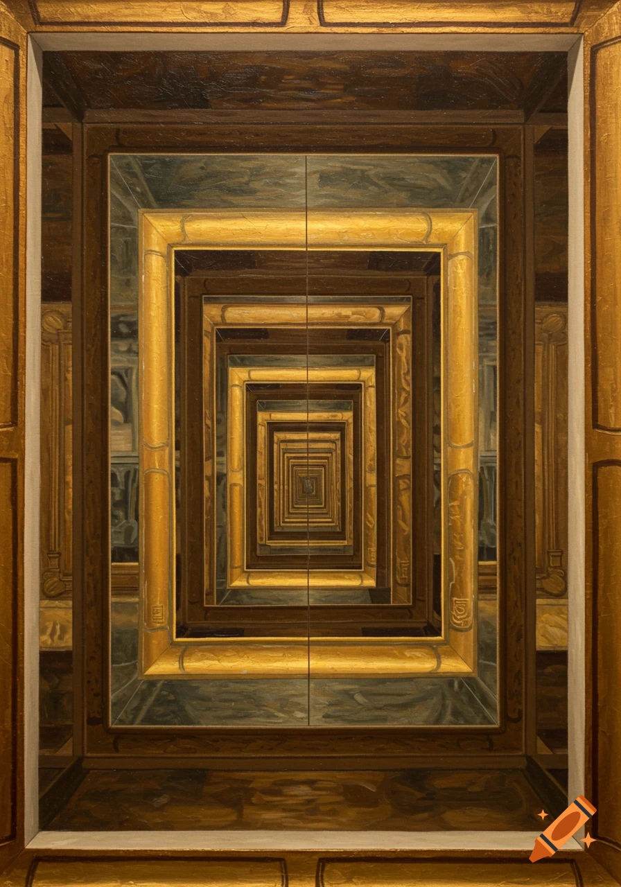A recursive painting depicting an endless series of ornate golden picture frames, creating a tunnel-like effect.