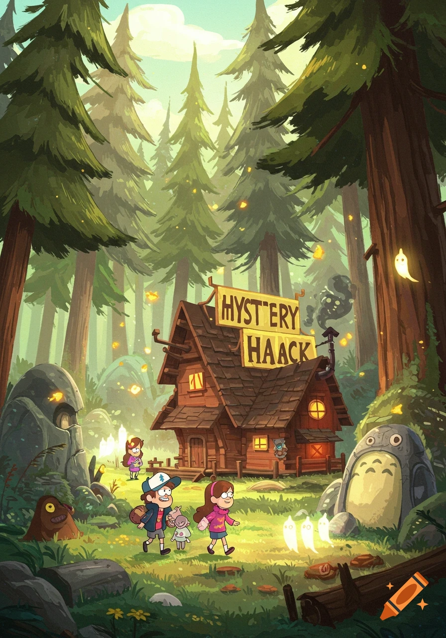 Dipper and Mabel from Gravity Falls walk past the 'Mystery Haack' building and a Totoro in a magical forest, Studio Ghibli style.