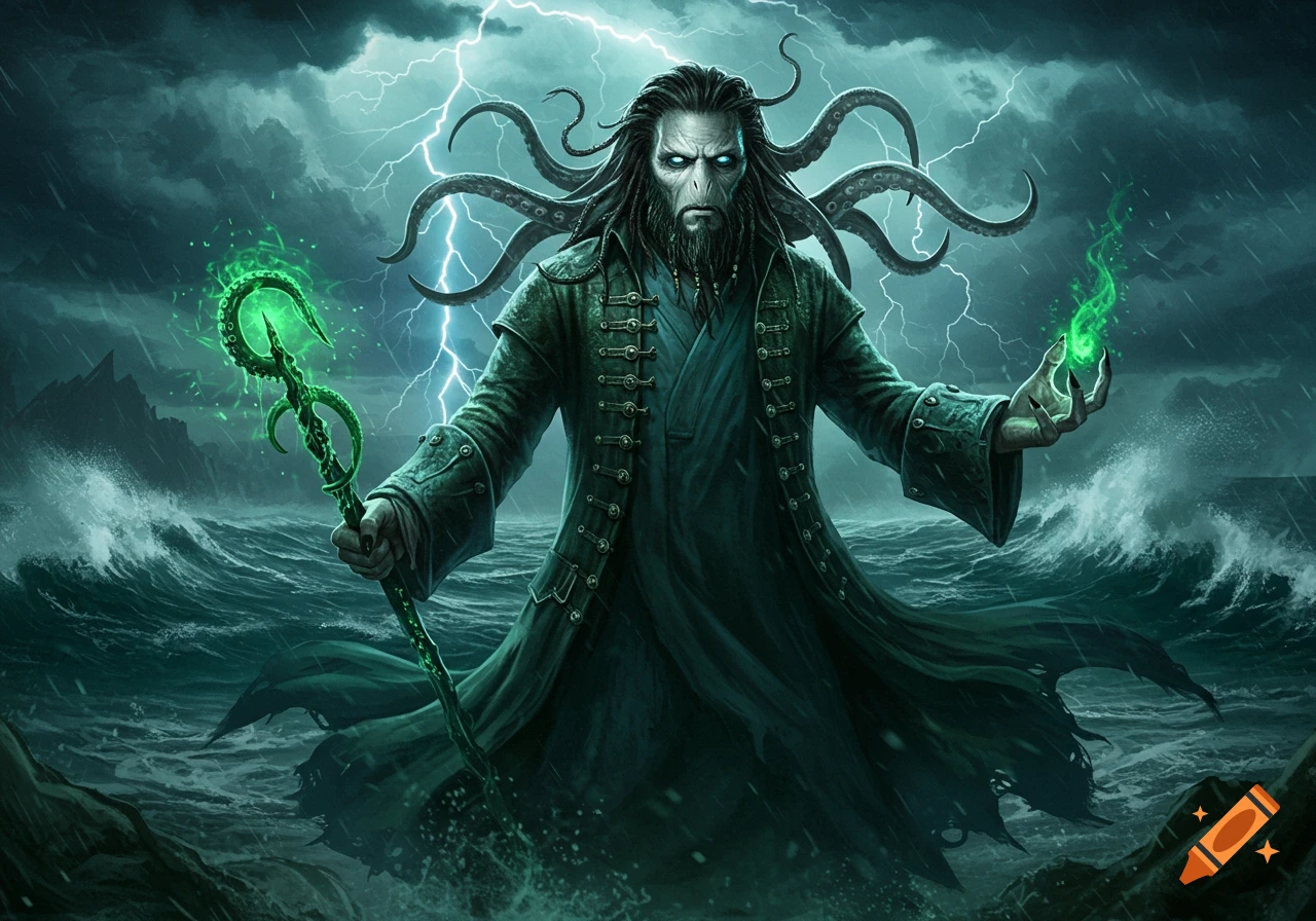 A monstrous dark fantasy villain with tentacles, glowing eyes, and a long coat stands in a stormy sea, holding a glowing green staff and flame.