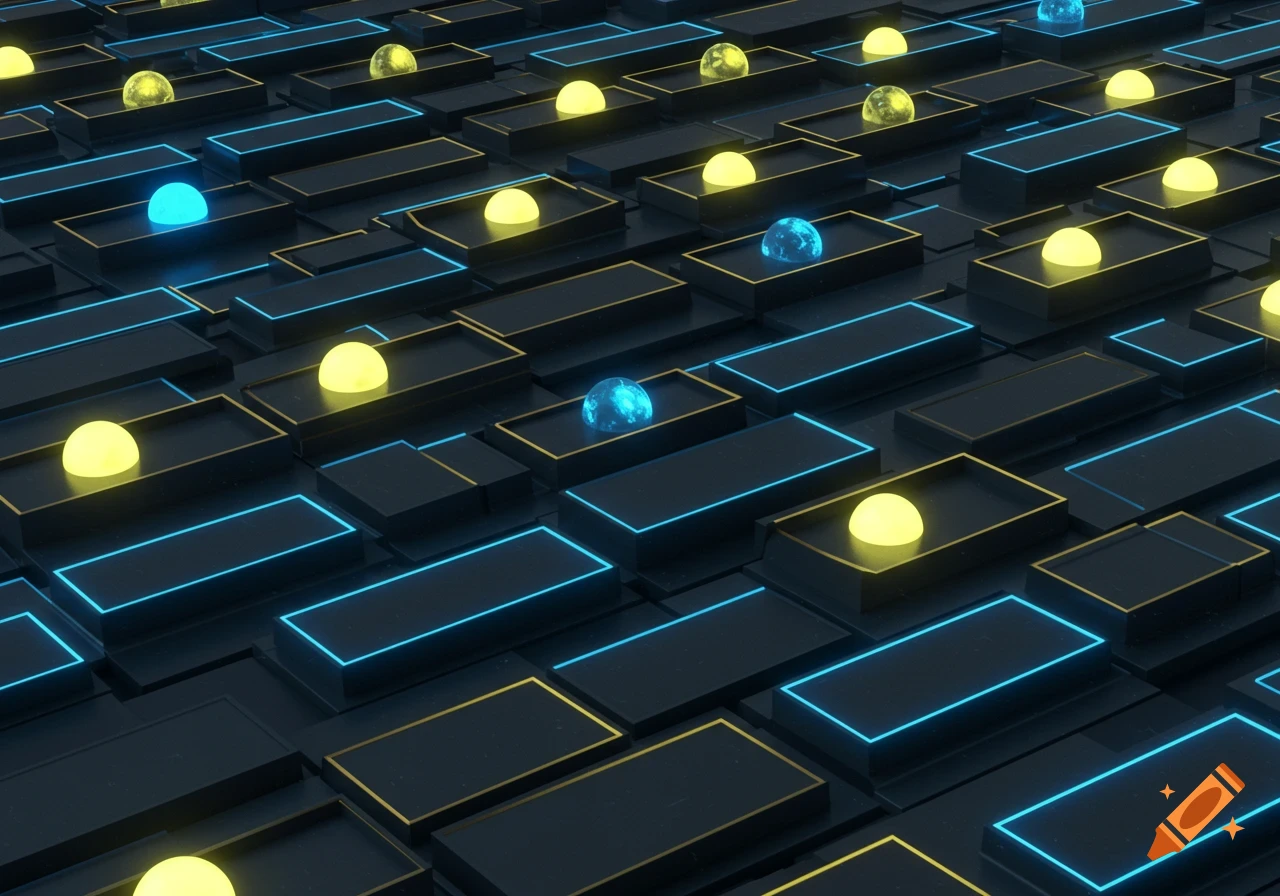A grid of dark rectangular blocks, some with glowing yellow and blue spheres, others with glowing blue and yellow outlines.
