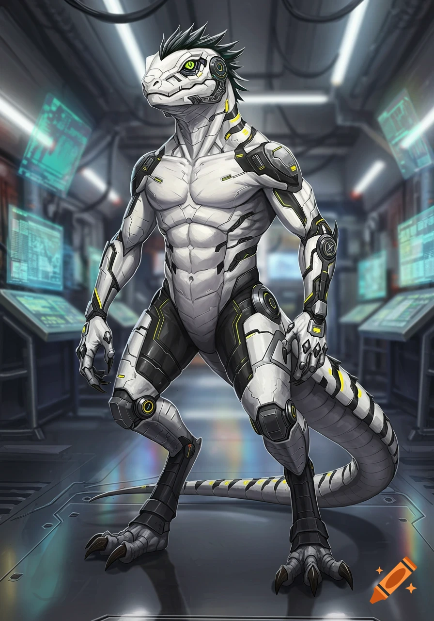 A white, black, gray, and yellow cybernetic lizard, resembling a protogen, stands in a futuristic control room.