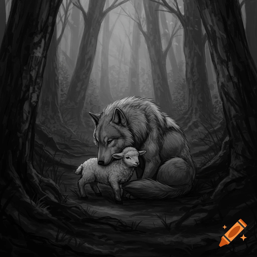 An illustration of a large wolf gently comforting a small lamb in a moody, dark forest.