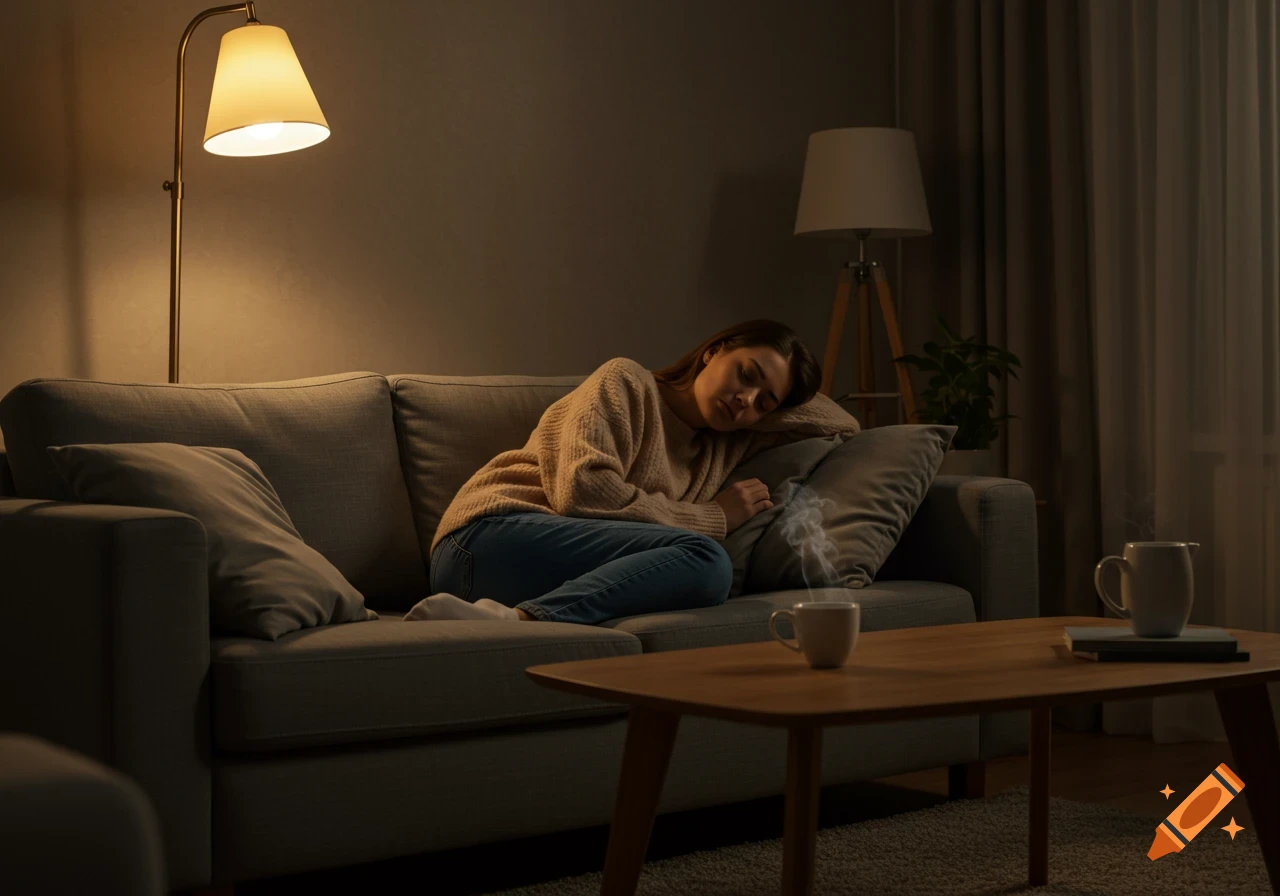 A woman sleeps soundly on a sofa in a dimly lit, cozy living room with floor and table lamps, and steaming mugs on a coffee table.