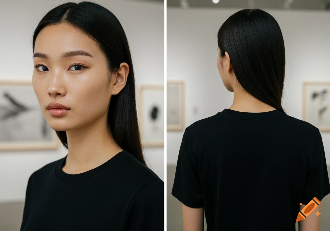 Photorealistic image of an Asian woman model in a black t-shirt, shown from the front and back in an art gallery.