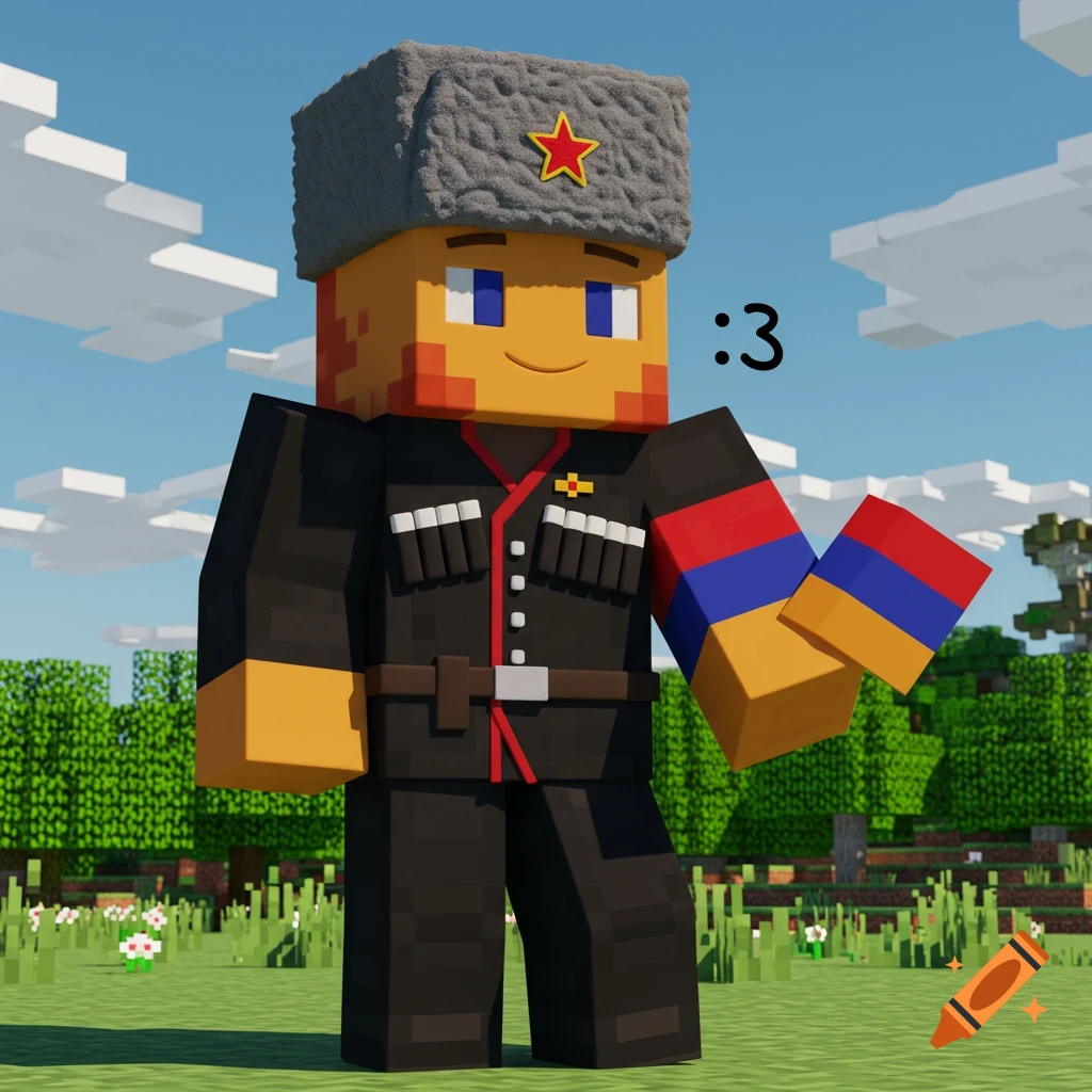 A Minecraft-style character in a black uniform with a Russian hat and an Armenian flag armband smiles in a grassy field.