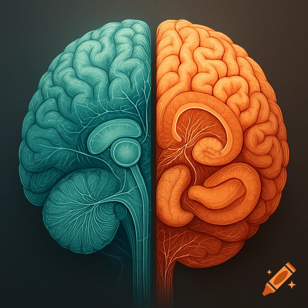 Stylized illustration of a human brain split vertically, one half teal, the other orange, on a dark background.