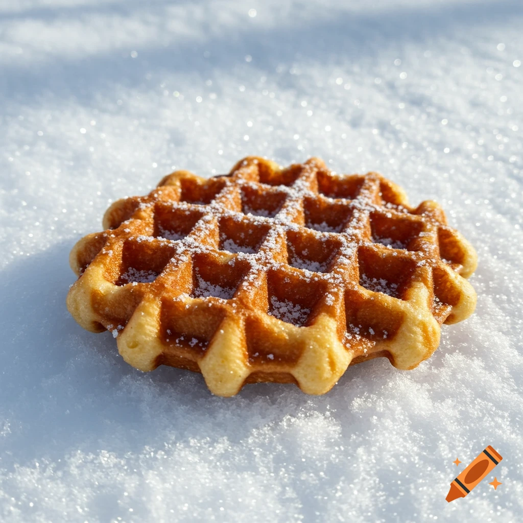 A golden brown waffle sprinkled with powdered sugar rests on a bed of sparkling snow under bright sunlight, photorealistic.