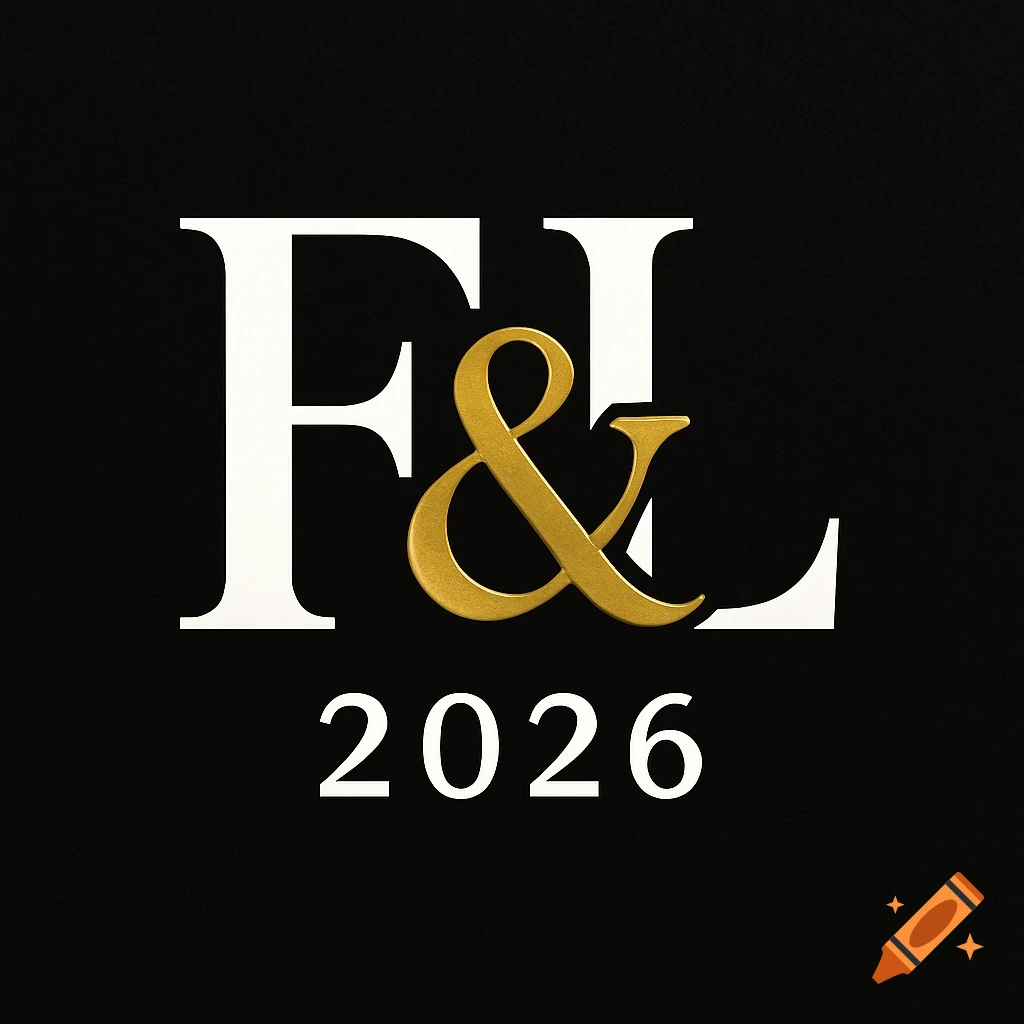 Logo with white letters F and L, a golden ampersand, and the year 2026 on a black background.