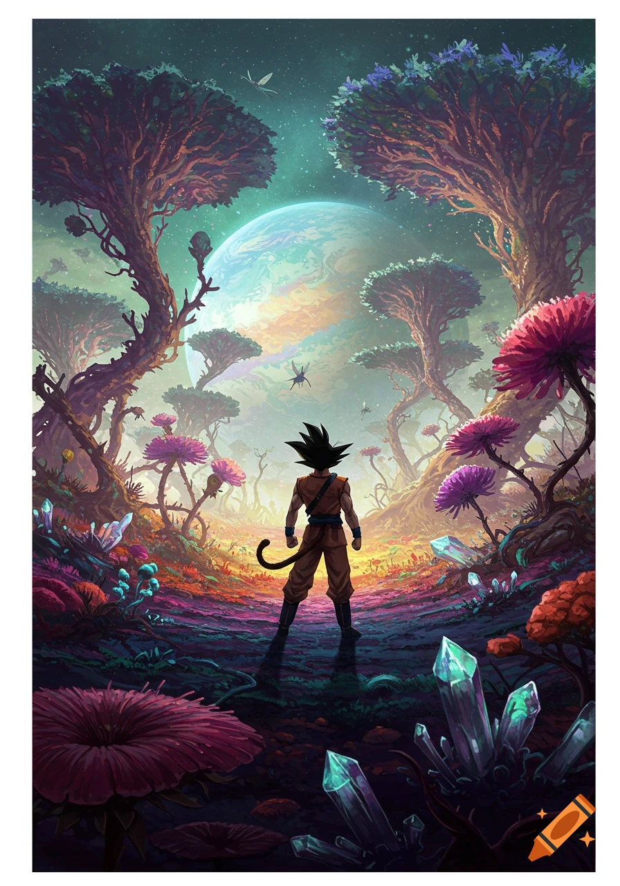 A man resembling Goku stands on a vibrant alien planet with glowing crystals, strange trees, and a large planet in the sky.