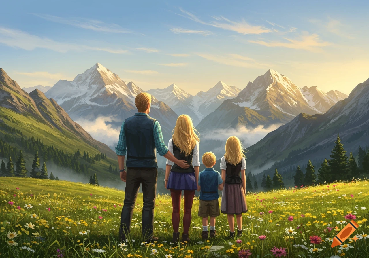 Illustration of a family of four, seen from behind, looking out at a stunning mountain landscape with wildflowers.