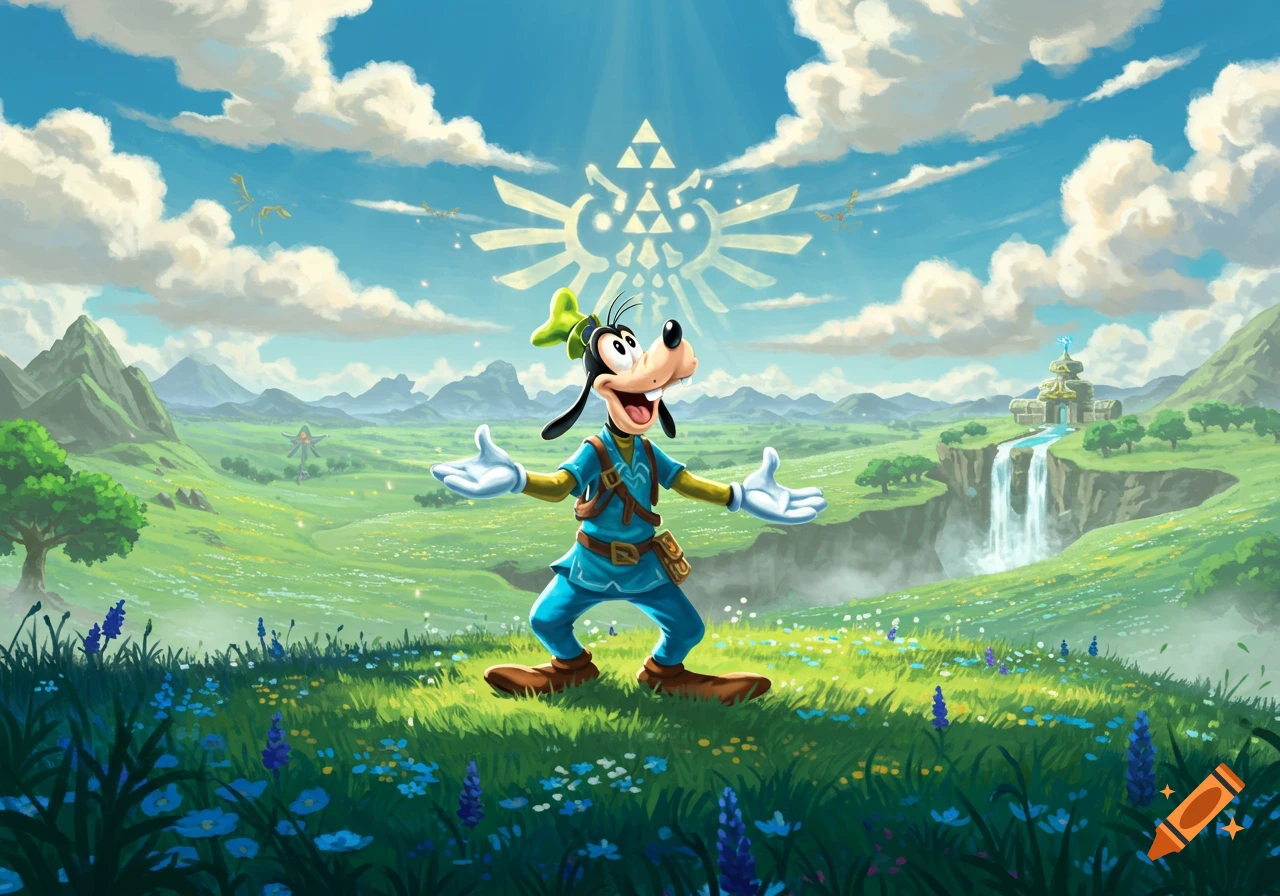 Goofy, dressed as Link, stands in a vibrant, sunny Hyrule field with mountains, a waterfall, and the Triforce symbol in the sky.