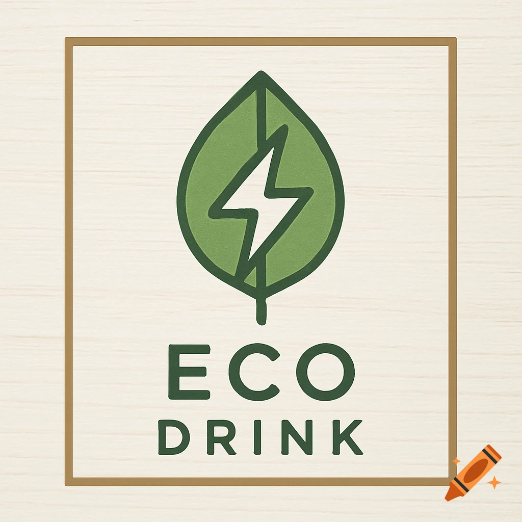 Minimalist logo featuring a green leaf with a white lightning bolt, above the text "ECO DRINK", framed on a textured beige background.