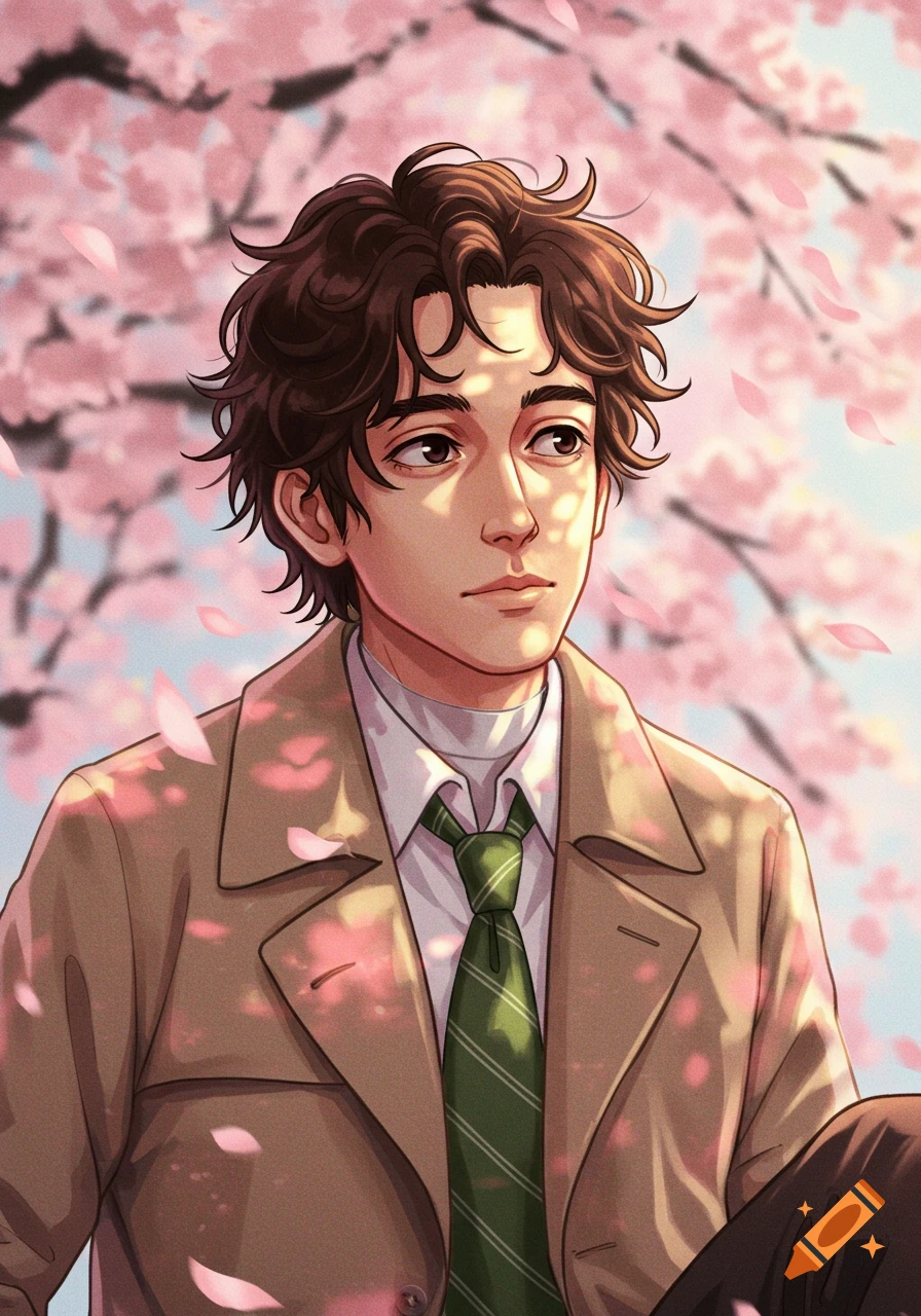 Anime-style illustration of a young man with curly brown hair, wearing a trench coat and green striped tie, amidst pink cherry blossoms.