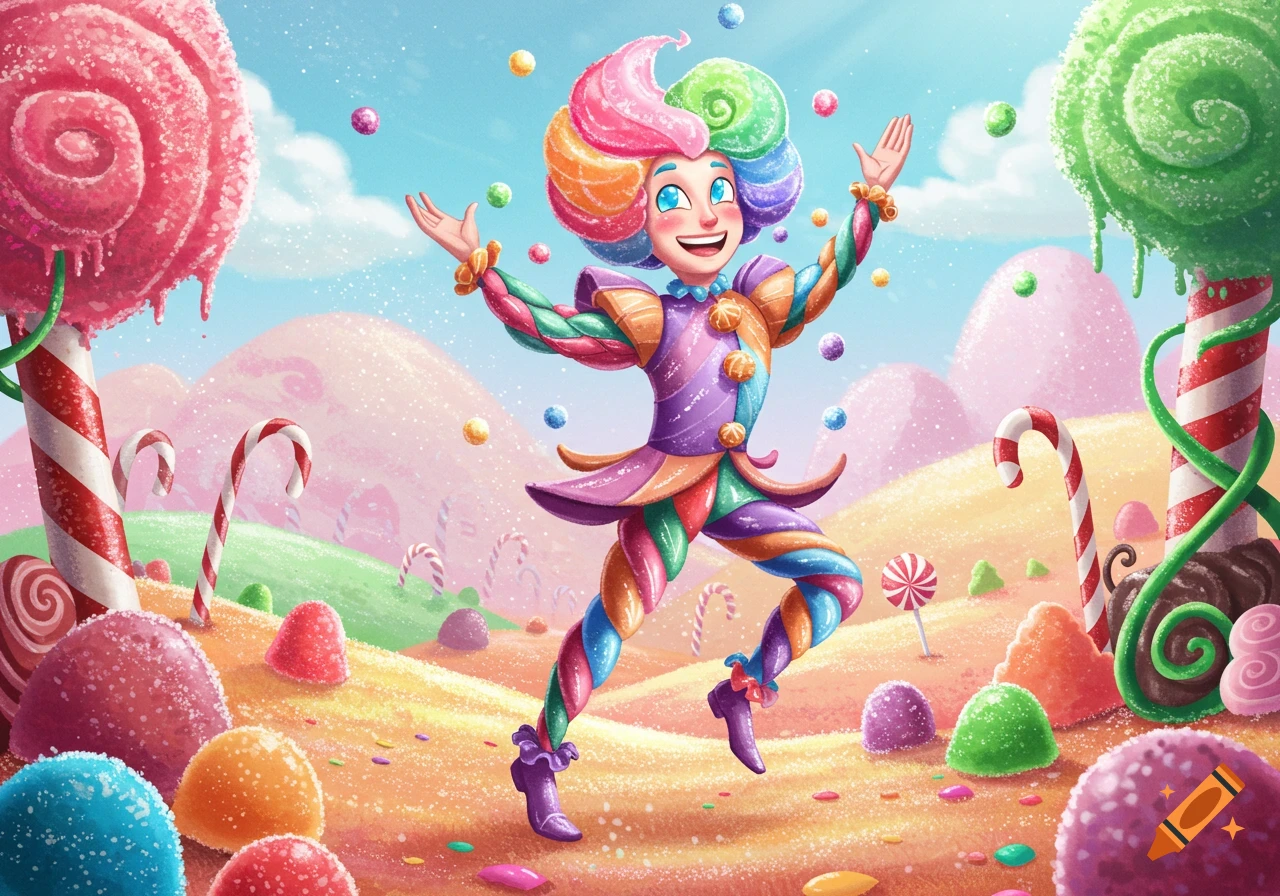 A joyful 'Candylad' in a colorful, whimsical candy land, surrounded by lollipops, gumdrops, and candy canes.