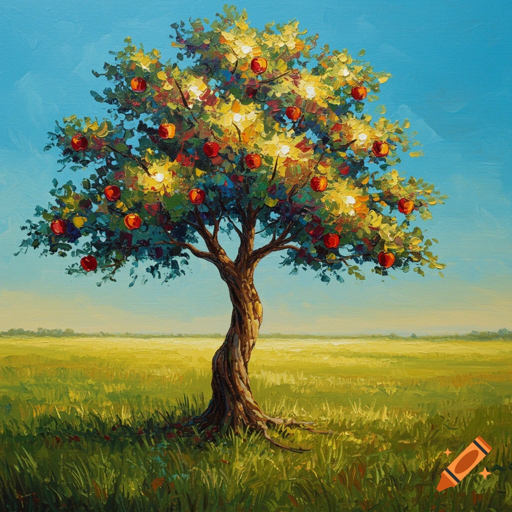 An colorful oil painting of a vibrant apple tree standing alone in a green grassy field under a bright blue sky.