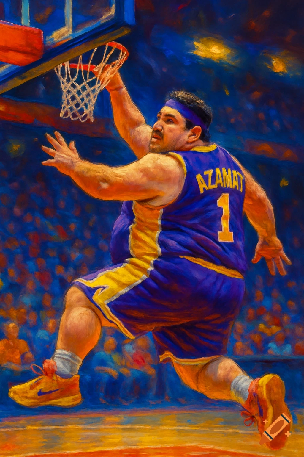 Chubby basketball player in purple and yellow jersey jumps for a dunk. Painterly style.