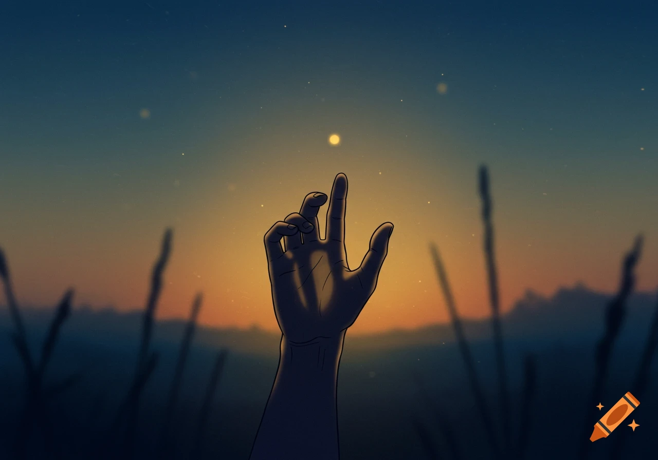 An illustrated hand reaching toward a glowing spot in a colorful sunset sky with silhouetted grass.