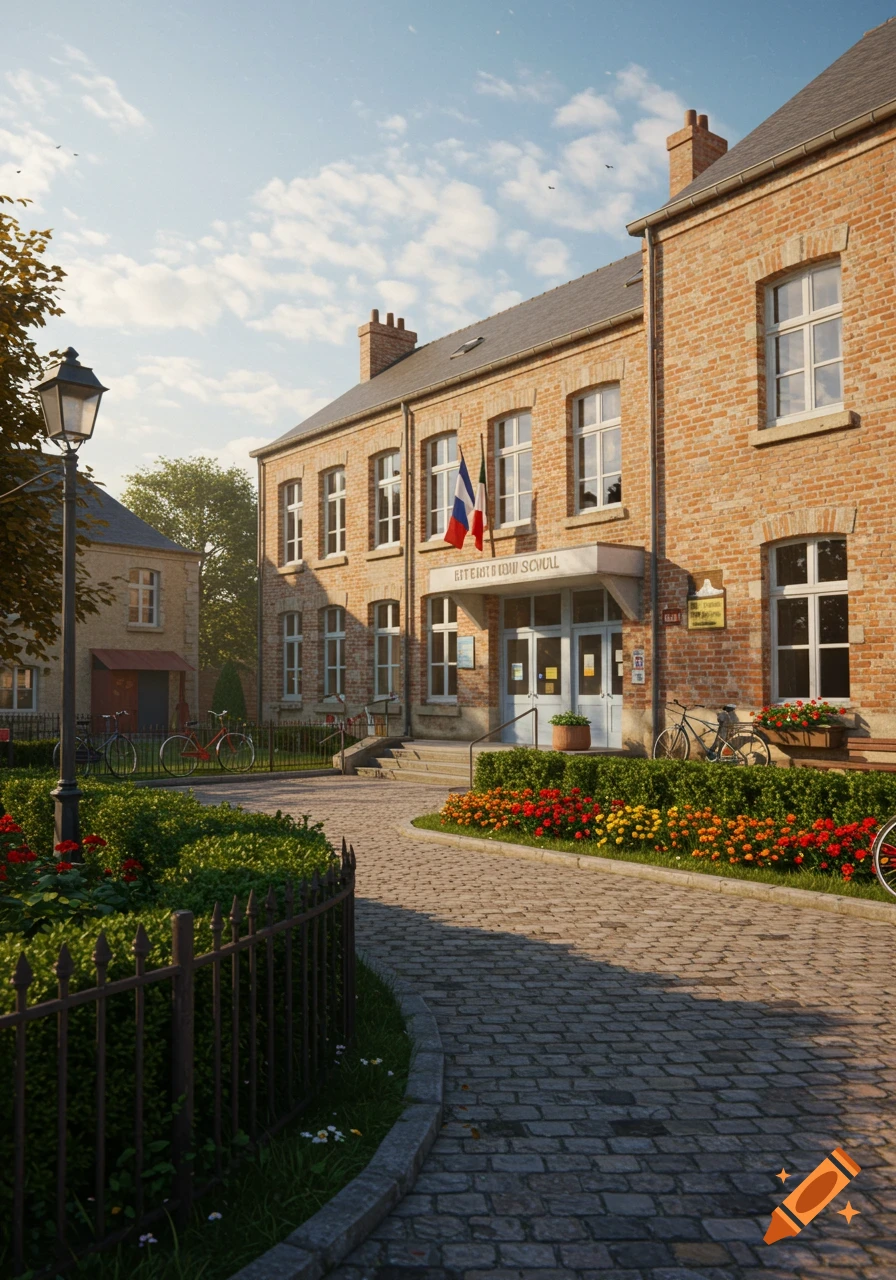Photorealistic image of a brick French suburban school building with a cobblestone path, surrounded by hedges and colorful flowers under a bright sky.