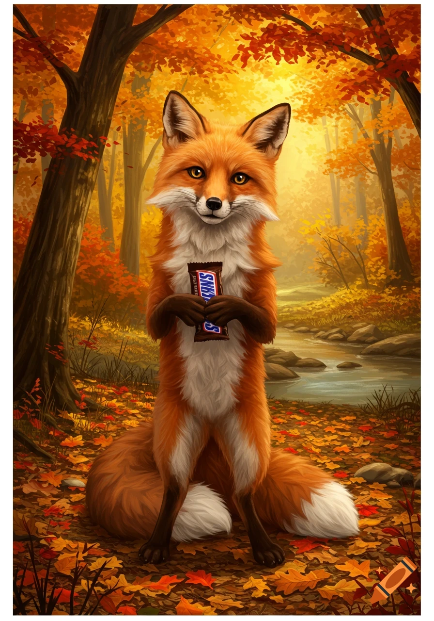 An anthropomorphic fox stands in an autumn forest, holding a Snickers candy bar.