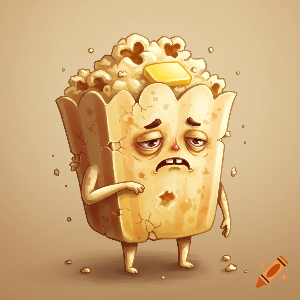 A cartoon illustration of a sad, cracked popcorn character with tired eyes, a frown, and a melting butter pat on its head.
