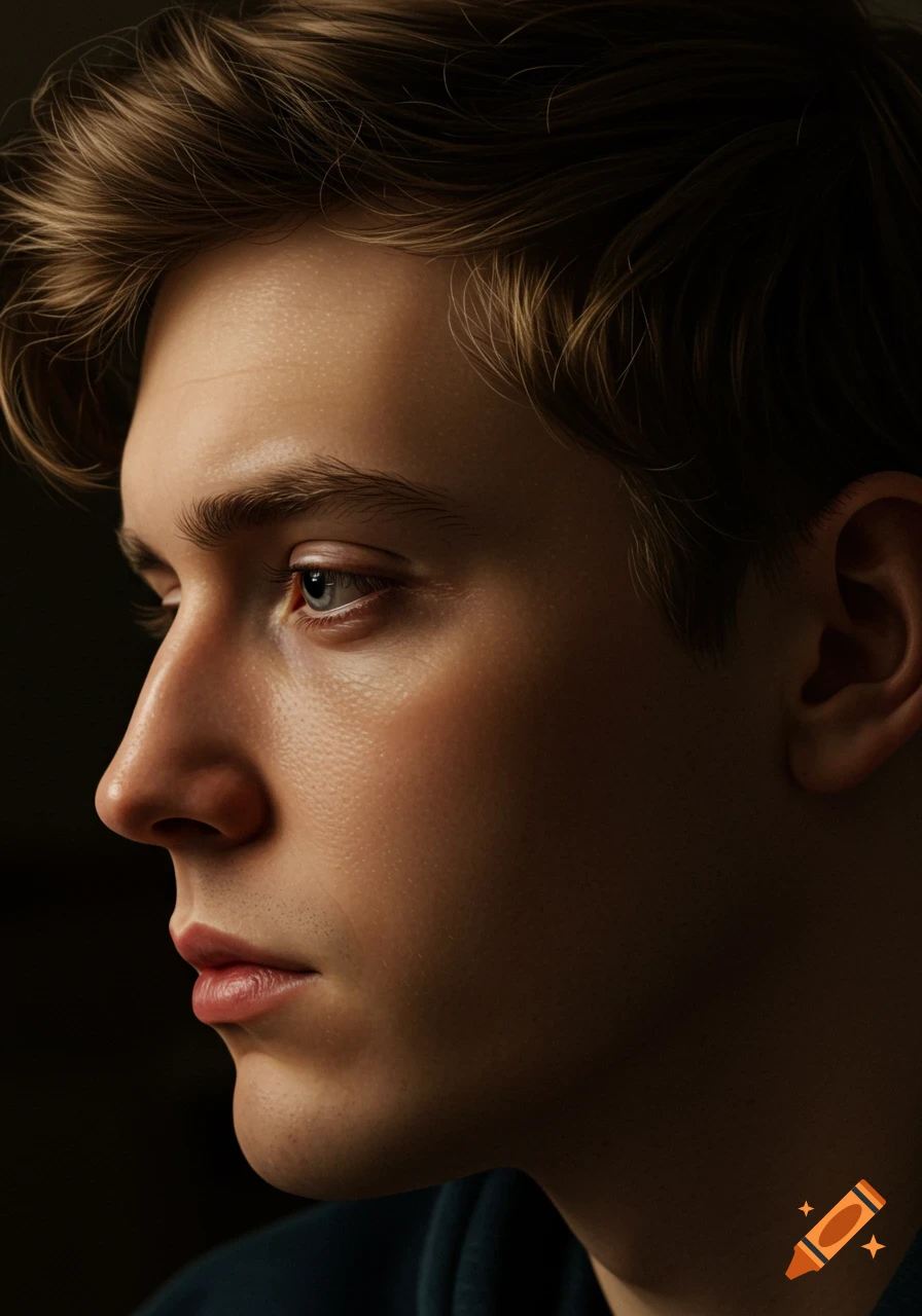 Photorealistic profile portrait of a young man with brown hair and blue eyes, looking tired.
