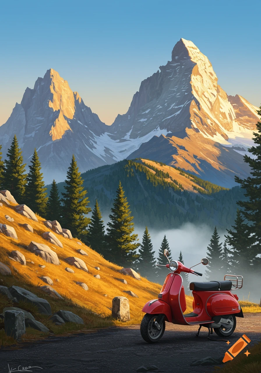 A red Vespa scooter parked on a dirt road overlooking a sunny mountain landscape with pine trees and snow-capped peaks.