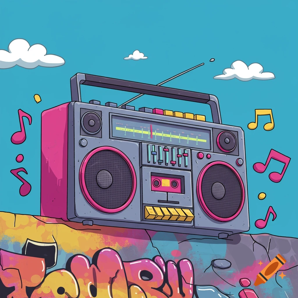 A vibrant cartoon boombox with pink speakers sits on a graffiti-covered wall under a bright blue sky with clouds and musical notes.
