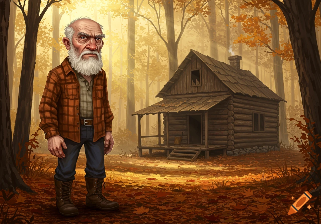 A painting of a grumpy old man in a flannel shirt standing in front of a rustic log cabin in an autumn forest.