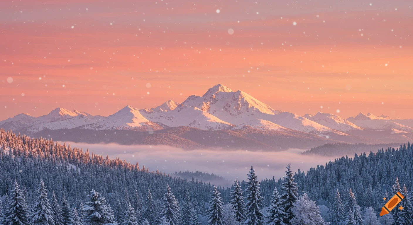 A serene winter mountain landscape at sunrise or sunset, featuring snow-capped peaks, pine forests, and a peach-colored sky with falling snow.