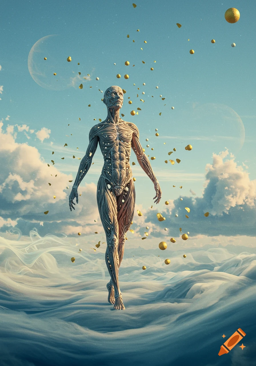 A surreal, highly detailed, stylized human figure walks on white clouds under a blue sky with crescent moons and floating gold specks.