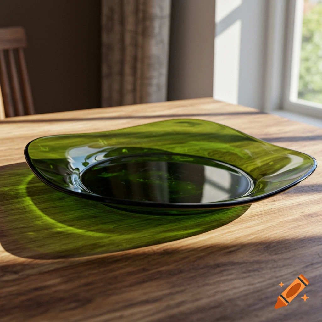A square-shaped green glass plate sits on a wooden table, illuminated by sunlight from a window.