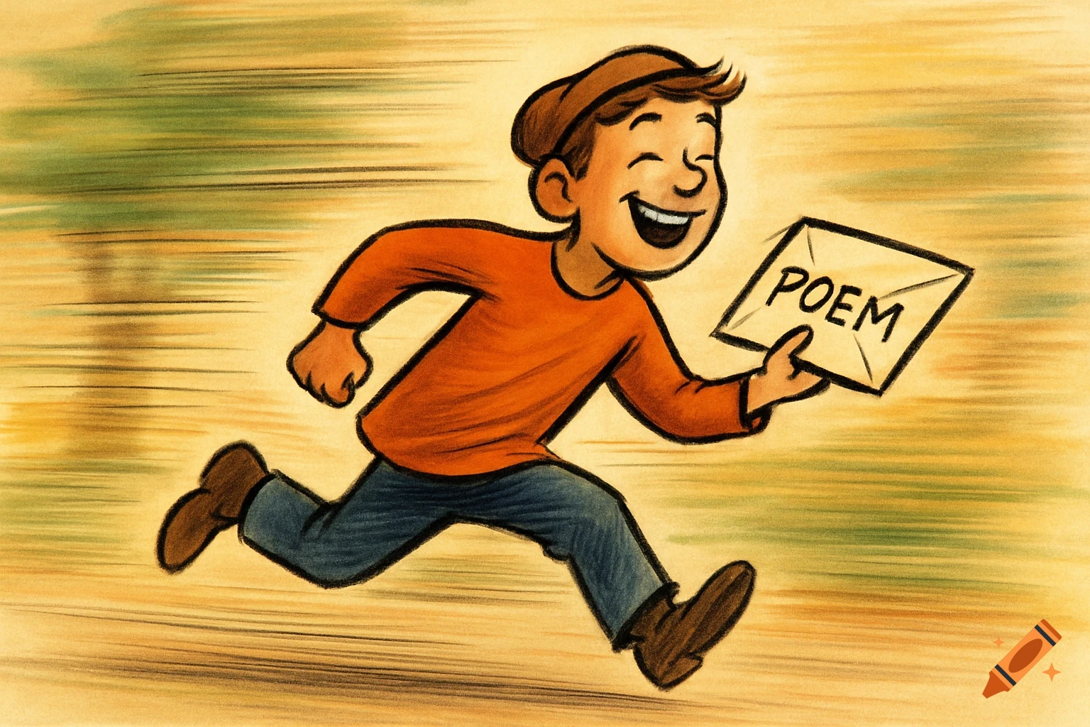 A happy cartoon boy in an orange shirt and blue pants runs with a white envelope labeled 'POEM'.