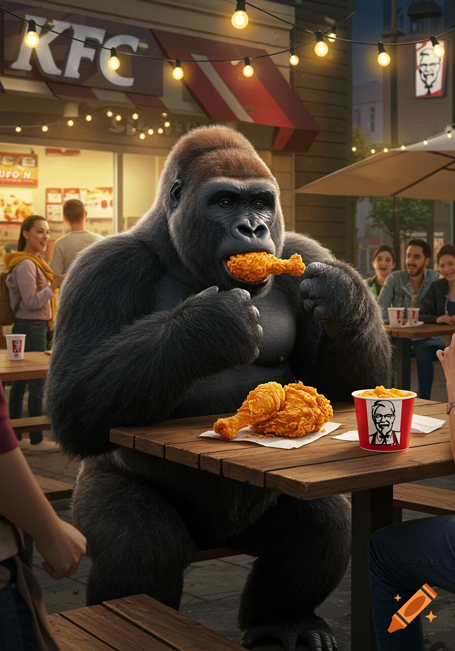 A photorealistic image of a large gorilla sitting at an outdoor table at KFC, eating fried chicken with more on the table.