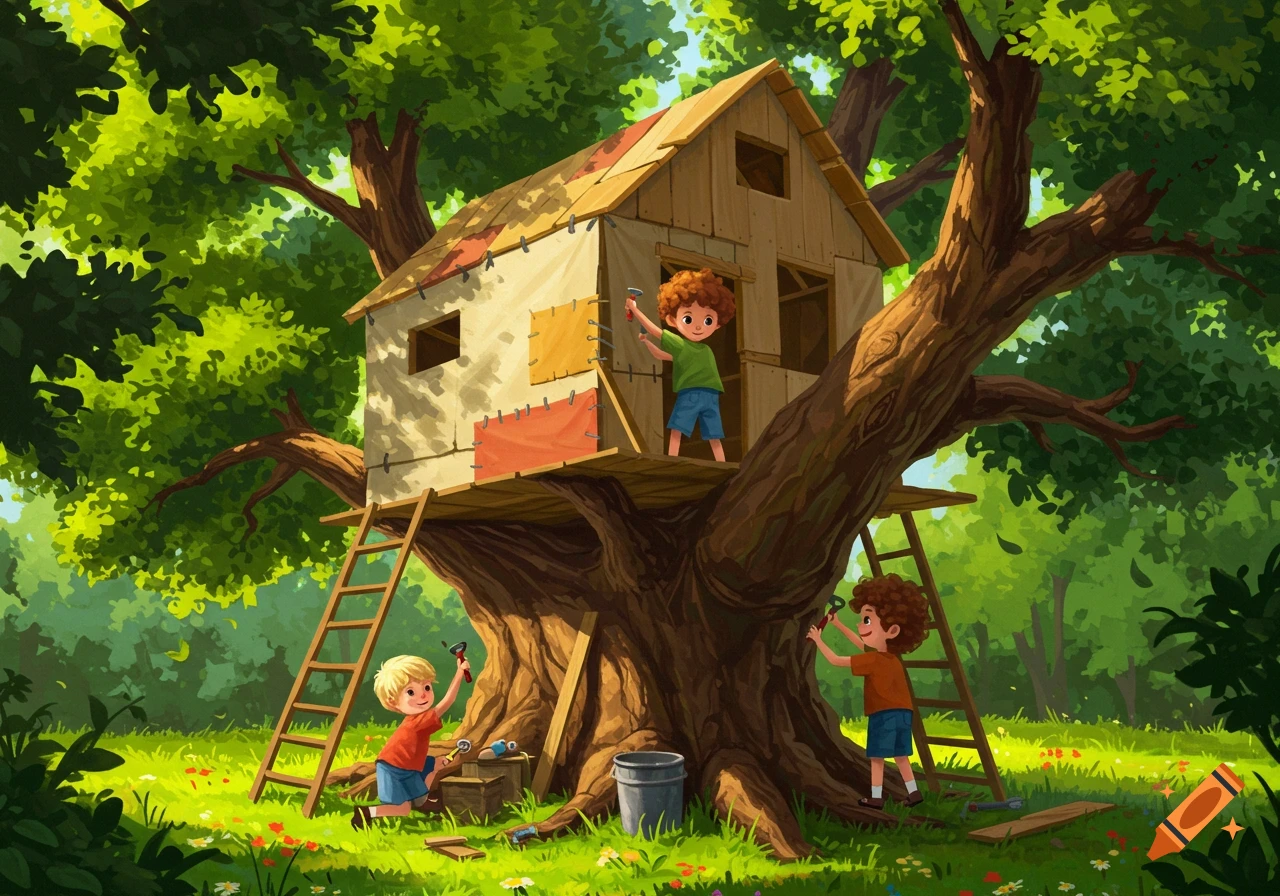 Three boys construct a rustic treehouse in a vibrant, sunlit forest, surrounded by green foliage.