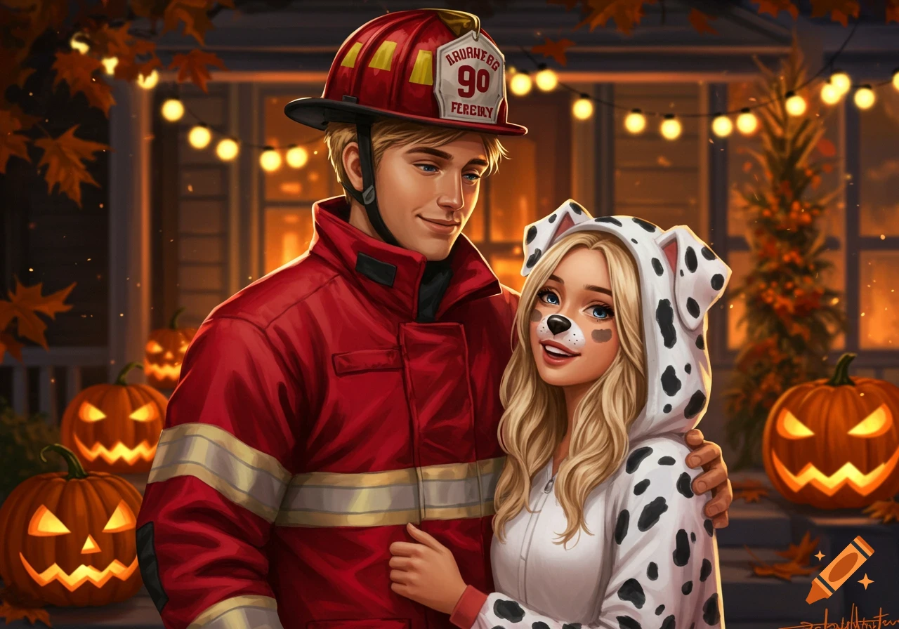A blonde man dressed as a firefighter embraces a blonde woman in a Dalmatian dog costume during Halloween, digital art style.