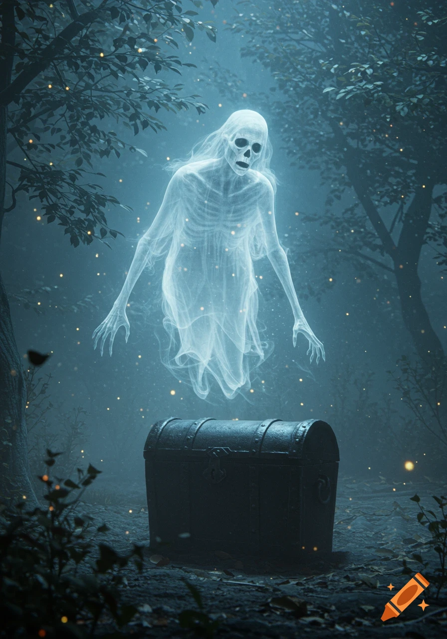 An ethereal skeletal ghost hovers over a dark treasure chest in a misty, dark forest with glowing particles.
