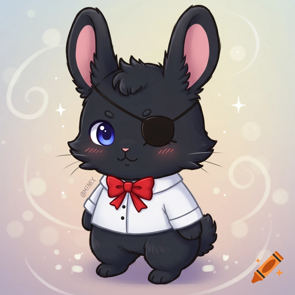 A cute chibi black bunny wearing a white collared shirt, red bowtie, and black eyepatch, on a pastel background.