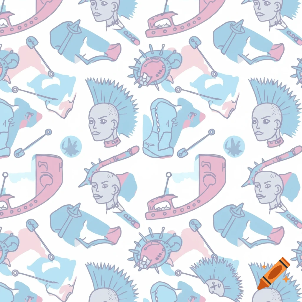 Seamless punk pattern featuring heads with mohawks and spiked accessories, in a trans flag color scheme.
