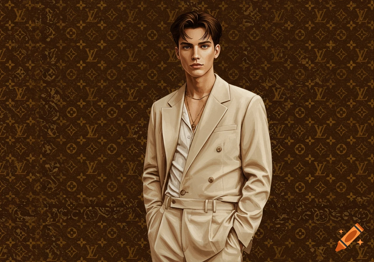 An illustration of a fashionable young man in a beige suit with hands in pockets, standing against a brown Louis Vuitton monogram background.