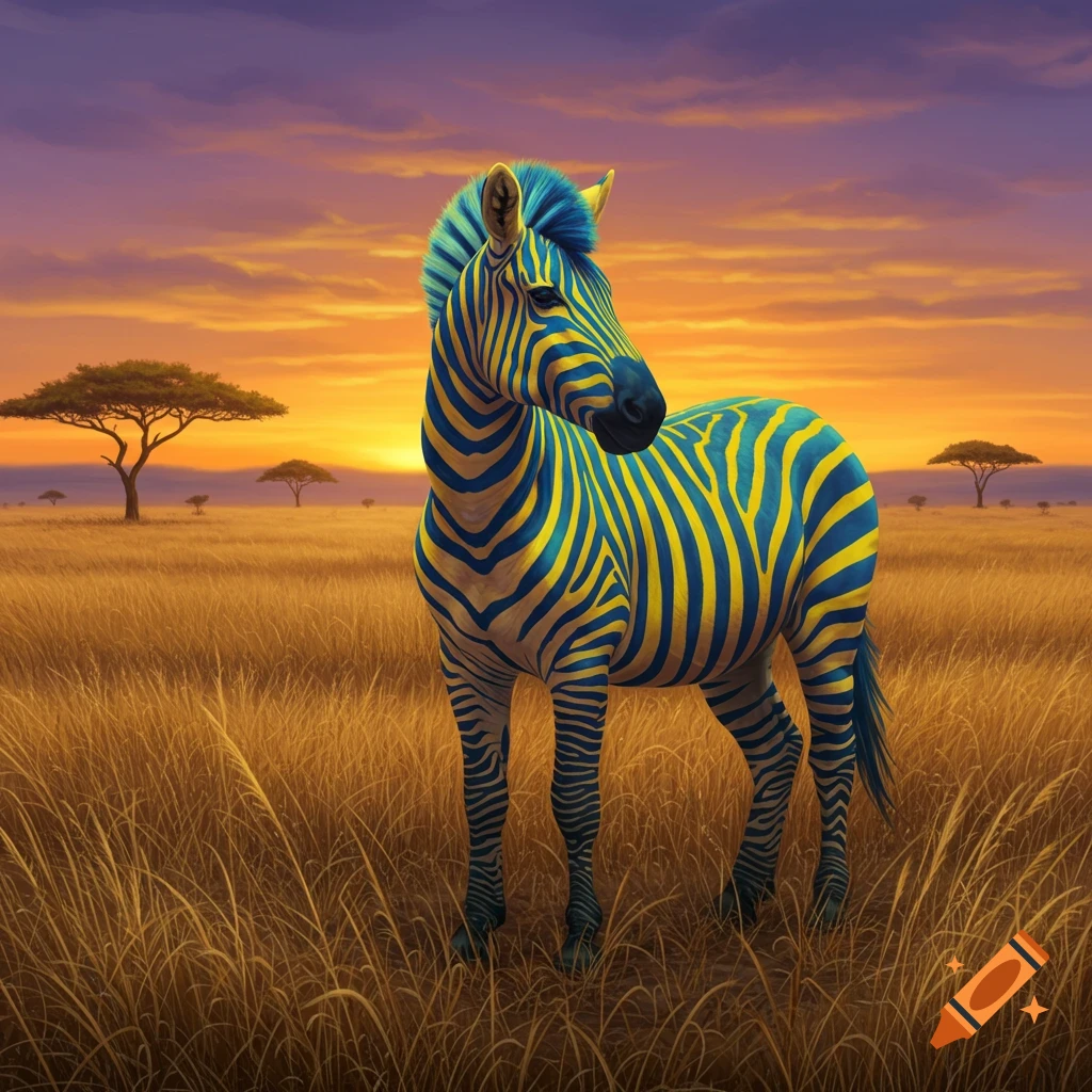 A blue and yellow striped zebra stands in a golden savanna field at sunset.