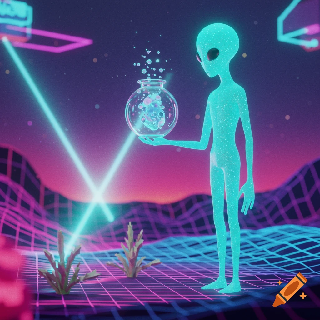 A glowing blue alien holds an orb with water in a vibrant neon purple and blue retro-futuristic grid landscape.