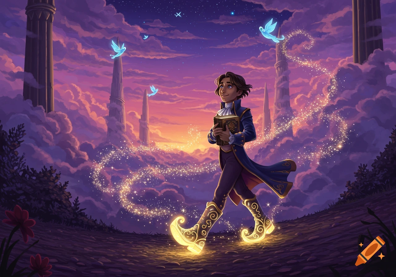 A young man with glowing boots walks through an ethereal, cloud-filled fantasy landscape, holding a book, under a purple and orange sky.