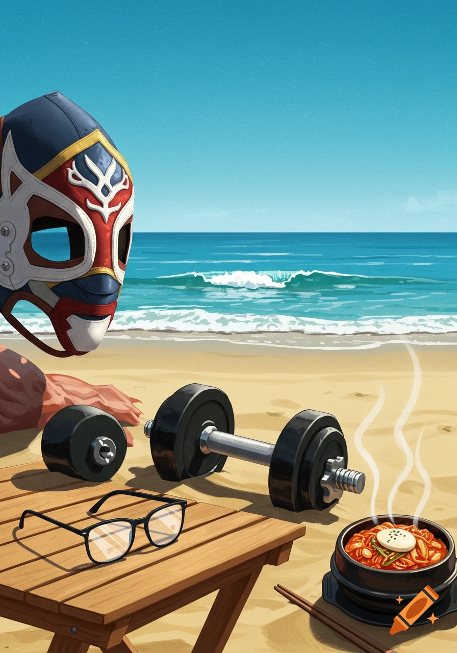 A wrestling mask, dumbbell, glasses, and a bowl of steaming Korean food on a wooden table at a sunny beach.