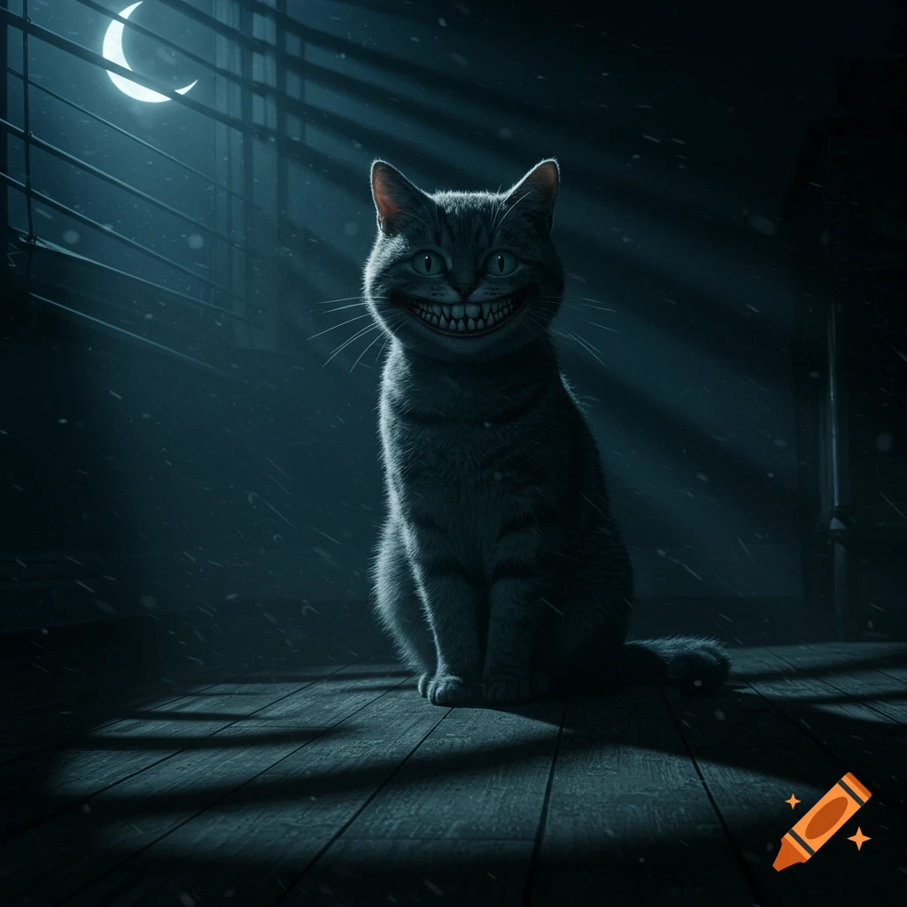 A creepy gray cat with a wide, toothy grin sits in a dark room illuminated by moonlight.
