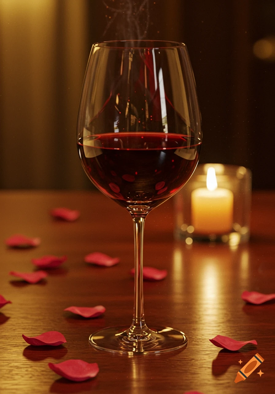 A close-up of a wine glass filled with red wine, surrounded by rose petals and a lit candle on a wooden table, photorealistic style.