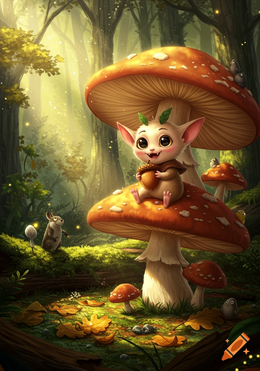 A cute, big-eyed creature with leaves on its head sits on a large red mushroom, holding an acorn in a magical forest.