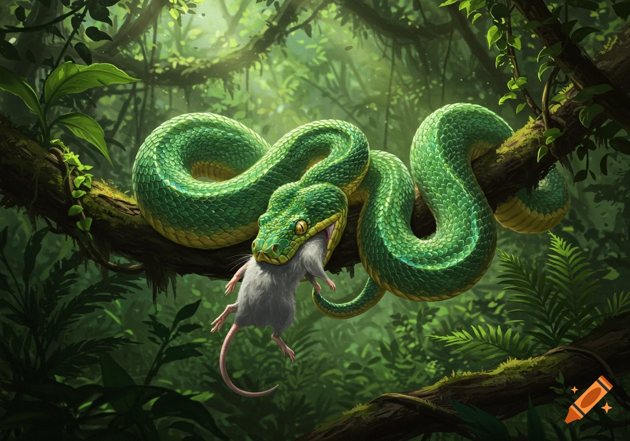A vibrant green snake with scales eats a white rat while coiled on a mossy branch in a sunlit jungle, digital illustration.