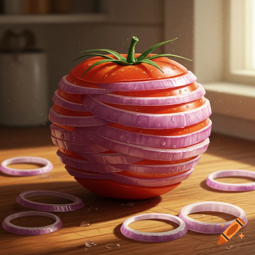Photorealistic image of a tomato constructed from purple onion slices, resting on a wooden table with scattered onion rings.