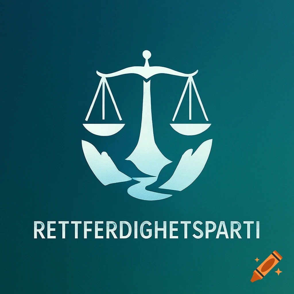 A clean graphic logo featuring a scale of justice above abstract mountains and water, with the text 'RETTFERDIGHETSPARTI' below.